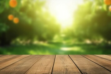 Wooden table with jungle background. Created using generative AI