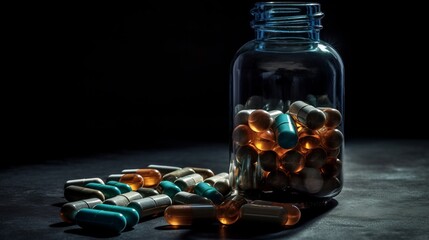 Closeup of pills with prescription bottle. Generative AI