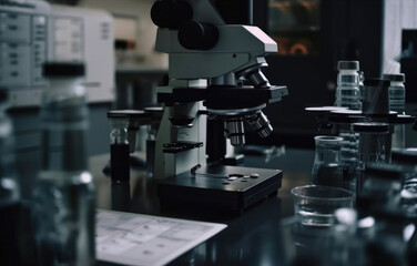 Fototapeta na wymiar Science microscope equipment in biology chemical laboratory. Scientific experiment Microscope on Lab table microbiology equipment. Generative AI