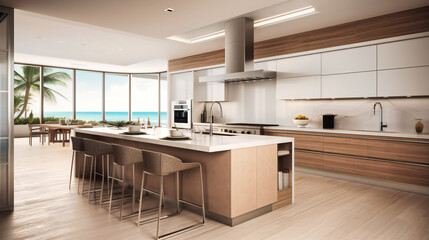 A captivating view of a modern, fully equipped kitchen of a spacious beachfront villa, ideal for cooking and entertaining