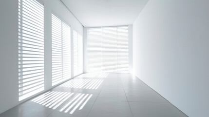 Empty room. Interior space, with shadows reflected by the bright daylight coming through the windows. Generative AI