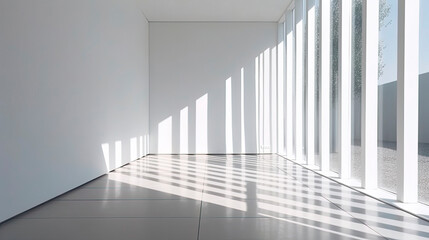 Obraz premium Empty room. Interior space, with shadows reflected by the bright daylight coming through the windows. Generative AI
