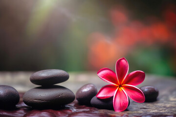 Obraz na płótnie Canvas Zen stones in a holistic health idea with a deep red plumeria flower and a hazy background. Generative AI