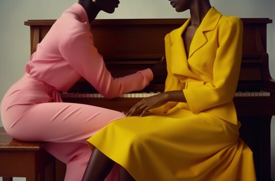 Rebel girls in pink and yellow, sitting on piano, talking and flerting.
