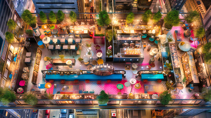 A breathtaking aerial view of a chic rooftop cocktail bar in the midst of a bustling cityscape