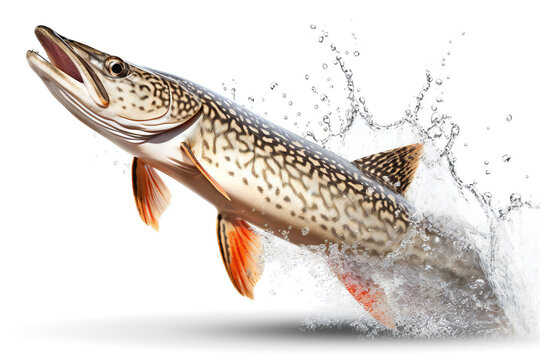 Pike jumping out of water,  Isolated on white background, Generative AI
