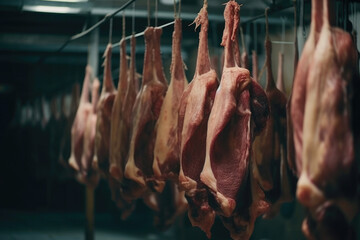 Raw butchered carcasses of cows, pigs and lambs hanging on hooks in cold storage of meat processing factory or slaughterhouse. Generative AI