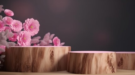 Wood Slice Podium and Pink Flowers - Concept Scene for Mother's Day, Valentine's Day, and More