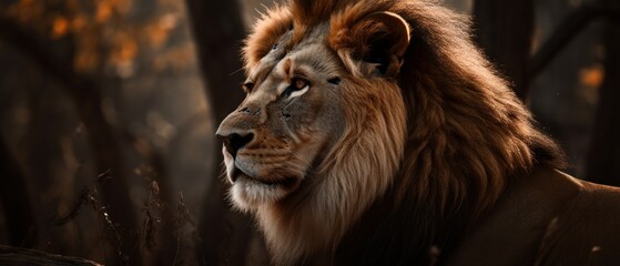 Fototapeta premium Majestic lion captured in its natural habitat, surrounded by tall grass and trees. Generative AI