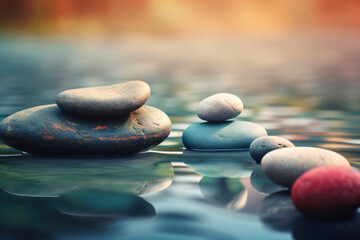 Balancing zen pebble stones outdoor, spa wellness tranquil scene, soul equanimity concept. Generative AI