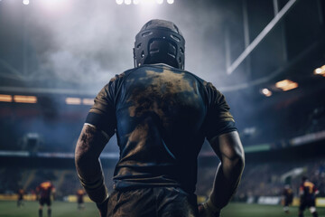 Fototapeta na wymiar American football man player in action on the stadium. Back view. Generative AI