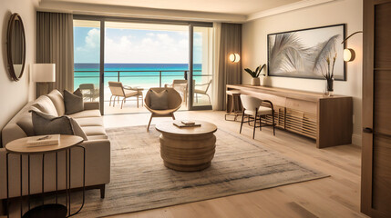 A captivating image of a luxurious hotel suite with a private balcony and a stunning beach view