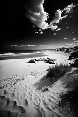 a black and white photo of beach with sand dunes . generative ai.