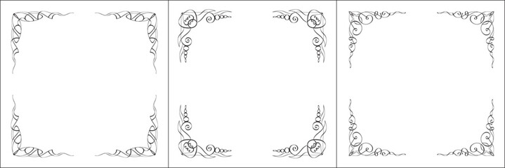 Set of three vector frames. Elegant black and white monochrome ornamental border for greeting cards, banners, invitations. Vector frame for all sizes and formats. Isolated vector illustration.
