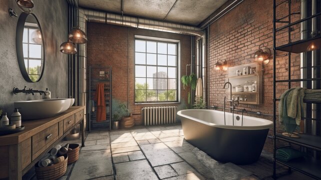 Loft bathroom with plenty of space, industrial design, and Generative AI