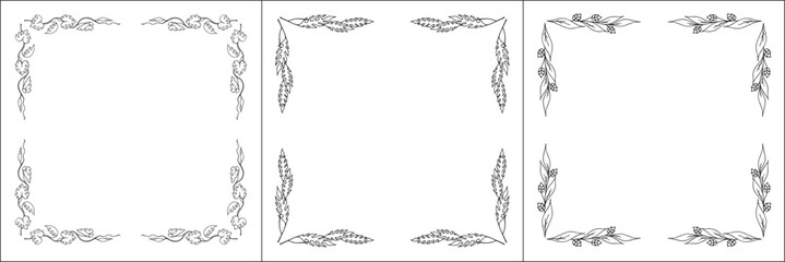 Set of three vector frames. Elegant black and white monochrome ornamental border for greeting cards, banners, invitations. Vector frame for all sizes and formats. Isolated vector illustration.