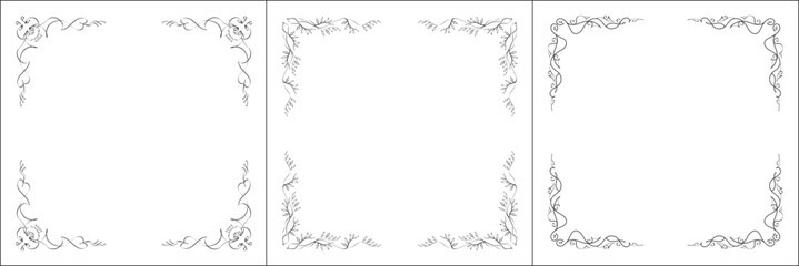Set of three vector frames. Elegant black and white monochrome ornamental border for greeting cards, banners, invitations. Vector frame for all sizes and formats. Isolated vector illustration.