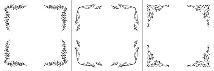 Set of three vector frames. Elegant black and white monochrome ornamental border for greeting cards, banners, invitations. Vector frame for all sizes and formats. Isolated vector illustration.