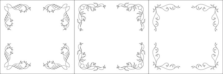 Set of three vector frames. Elegant black and white monochrome ornamental border for greeting cards, banners, invitations. Vector frame for all sizes and formats. Isolated vector illustration.