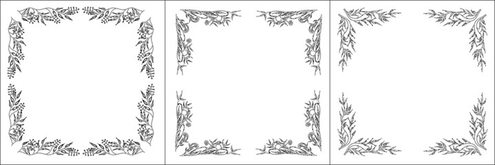 Set of three vector frames. Elegant black and white monochrome ornamental border for greeting cards, banners, invitations. Vector frame for all sizes and formats. Isolated vector illustration.