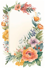 A beautiful summer bouquet thin page border. Watercolor botanical wreath illustration on a white background. Generative AI