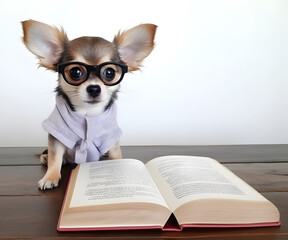 Cute chihuahua puppy with book about bedtime stories.