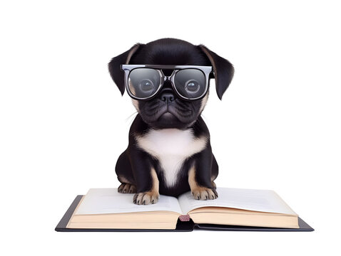 Cute black PUG puppy with book about bedtime stories.