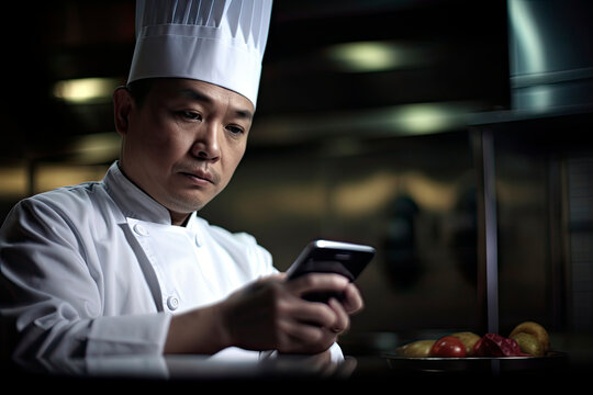 AI generated fictional person image. Asian cook checking his mobile phone in the kitchen of the restaurant
