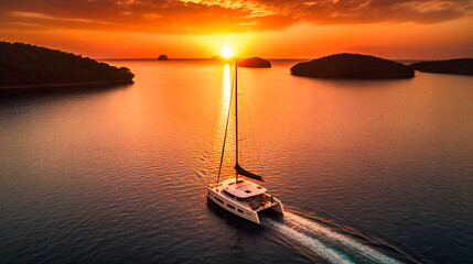 A wide-angle view of a luxurious catamaran sailing through a tropical paradise at sunset, featuring a sophisticated champagne service