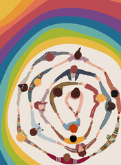Multicultural volunteer people in circle top view. Support and assistance. NGO. Aid. Solidarity charity and donation. Give and help. Non-profit. People diversity. Poster banner template - obrazy, fototapety, plakaty