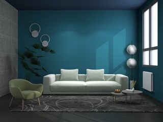 interior of a modern living room with a blue wall, sofa, armchair, a modern lamp, tree pot, and coffee table. AI Generative