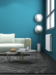interior of a modern living room with a blue wall, sofa, a modern lamp, and coffee table. AI Generative