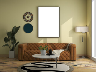 Interior of modern living room with brown sofa, coffee table and blank poster. Mockup. AI Generative
