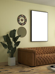 Interior of living room with brown sofa, clock, plant and mockup canvas. AI Generative