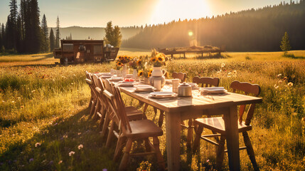 An exquisite display of a lavish open-air dining experience in the midst of a scenic, summer wilderness landscape