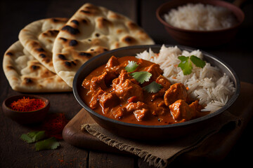 Chicken tikka masala spicy curry meat food in a clay plate with rice and naan made with Generative AI