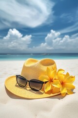 Yellow sun hat with frangipani flower and sunglasses on sand beach. Generative AI