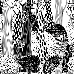 Black and white forest landscape. Seamless pattern with Trees. Eco theme. Pattern for coloring book. Hand-drawn, ethnic, retro, doodle, vector.