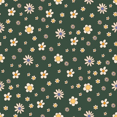 Vintage seamless pattern with white flowers daisies background. Floral pattern for fashion, design prints, textile, fabric. Vector illustration in cartoon hand drawn style
