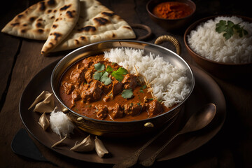 Chicken tikka masala spicy curry meat food in a clay plate with rice and naan made with Generative AI
