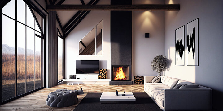 living room with fireplace in the background Generative AI