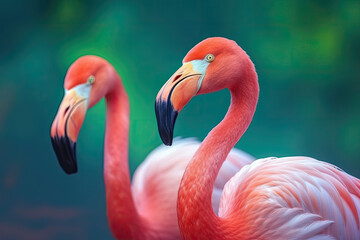 Fototapeta premium Flamingo portrait on pastel colored background. Exotic bird. Creativity banner. Created with Generative AI