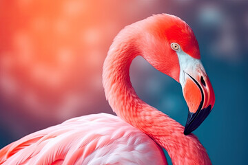 Flamingo portrait on pastel colored background. Exotic bird. Creativity banner. Created with Generative AI