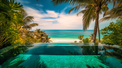 Fototapeta na wymiar A mesmerizing image of a luxurious infinity pool, perfectly blending with the surrounding beach landscape and tropical greenery