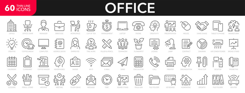 Office line icons set. Office and workspace line icons set. Сhair, coffee, time, manager, workspace, computer, desk - stock vector.