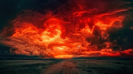 Abstract dark red background. Dramatic red sky. Red sunset with clouds. Fantastic sunset background with copy space for design. Halloween, armageddon, apocalypse, end of the world concept