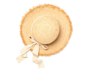 Straw hat isolated on white, top view