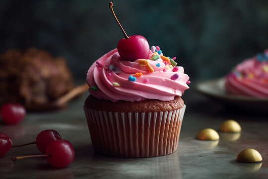 Cupcake with pink frosting or buttercream with a cherry on top and colorful sprinkles. Delicious desserts. High quality photo