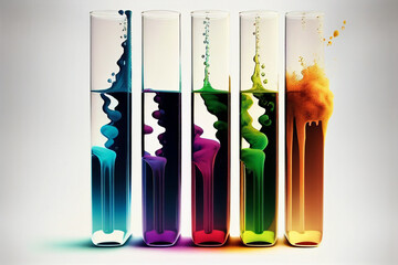 close up of a chemical reactions in test tubes with different colored substances made with Generative AI