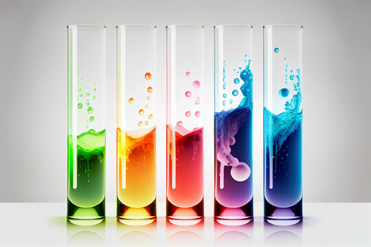 Close Up Of A Chemical Reactions In Test Tubes With Different Colored Substances Made With Generative AI